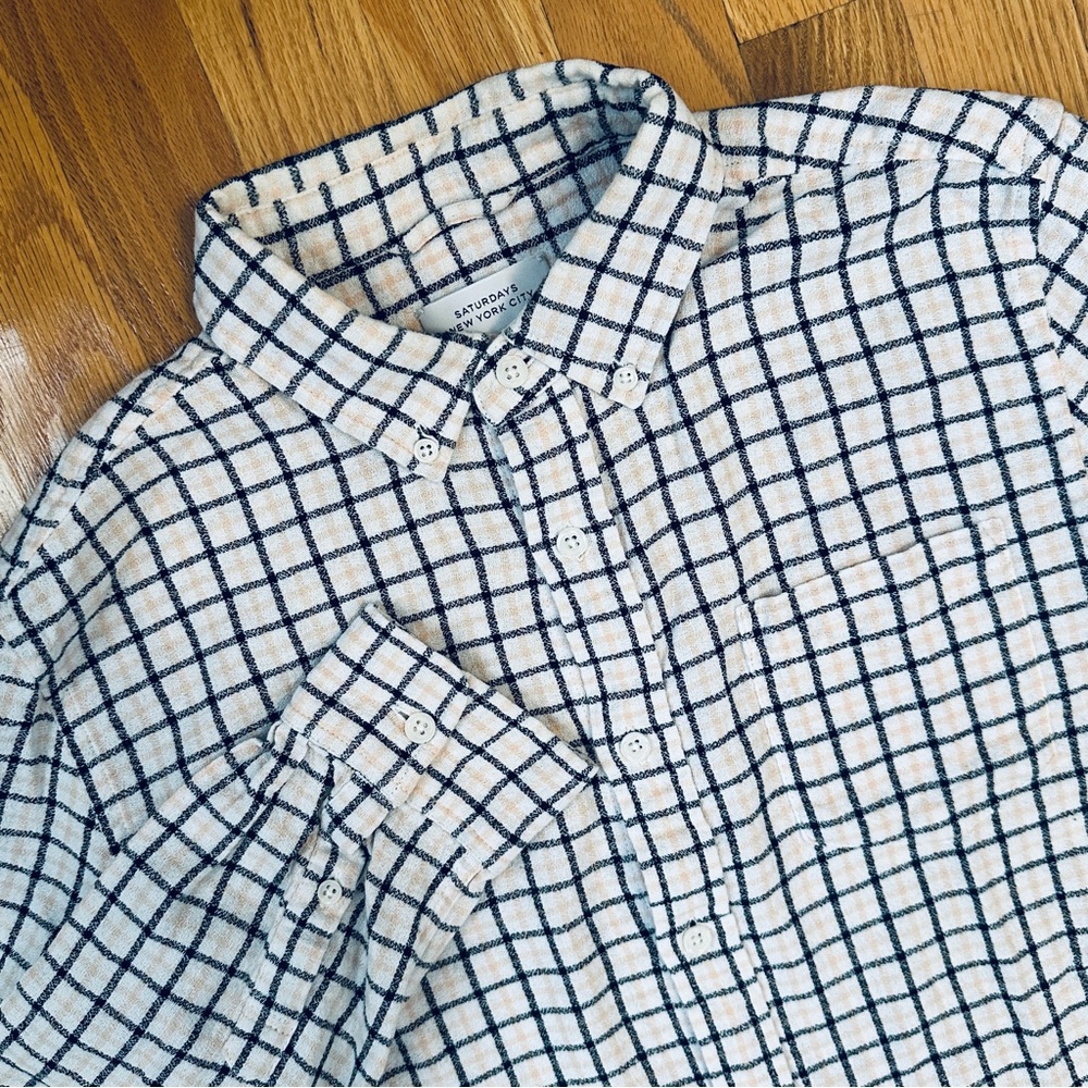 Saturdays NYC Mens Small Black Check Textured Long Sleeve Button Down Shirt